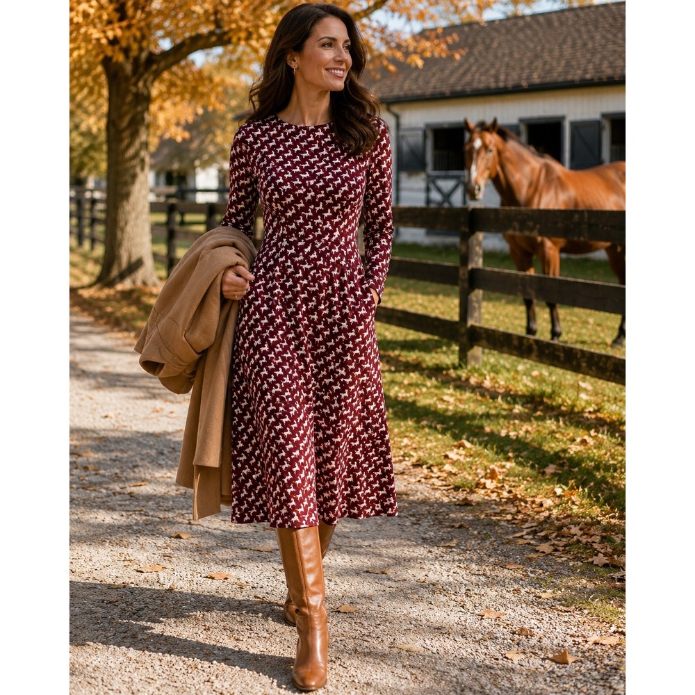 Ann Taylor Horse Print Midi Dress Womens 6 Burgundy Long Sleeve Knit Stretch